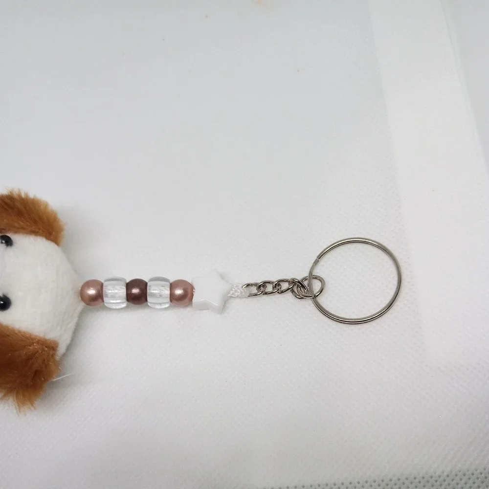 Beaded Puppy Dog Key Chain Backpack Clips White And Brown Ears
